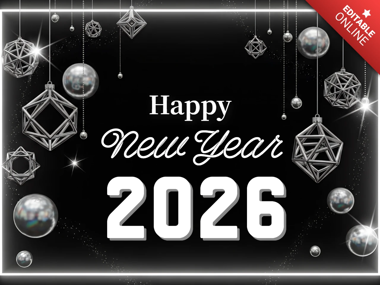 2026 yılı yeni yıl kutlaması için geometrik süslemelerle tasarlanmış tebrik kartı şablonu
