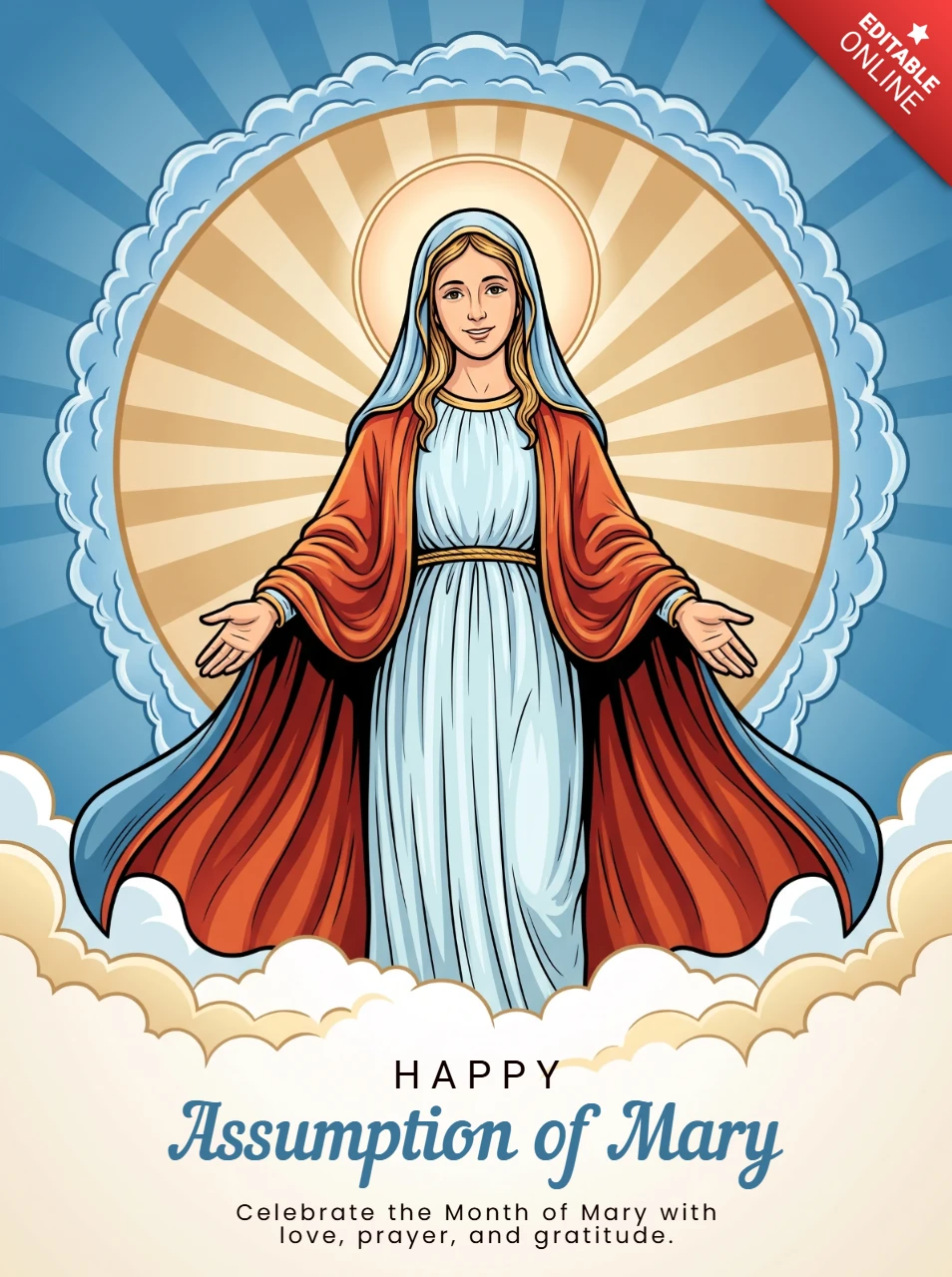 Assumption of Mary Spiritual Poster Virgin Halo Radiant Glow Blue Dress Red Robe Sacred Celebration Heavenly