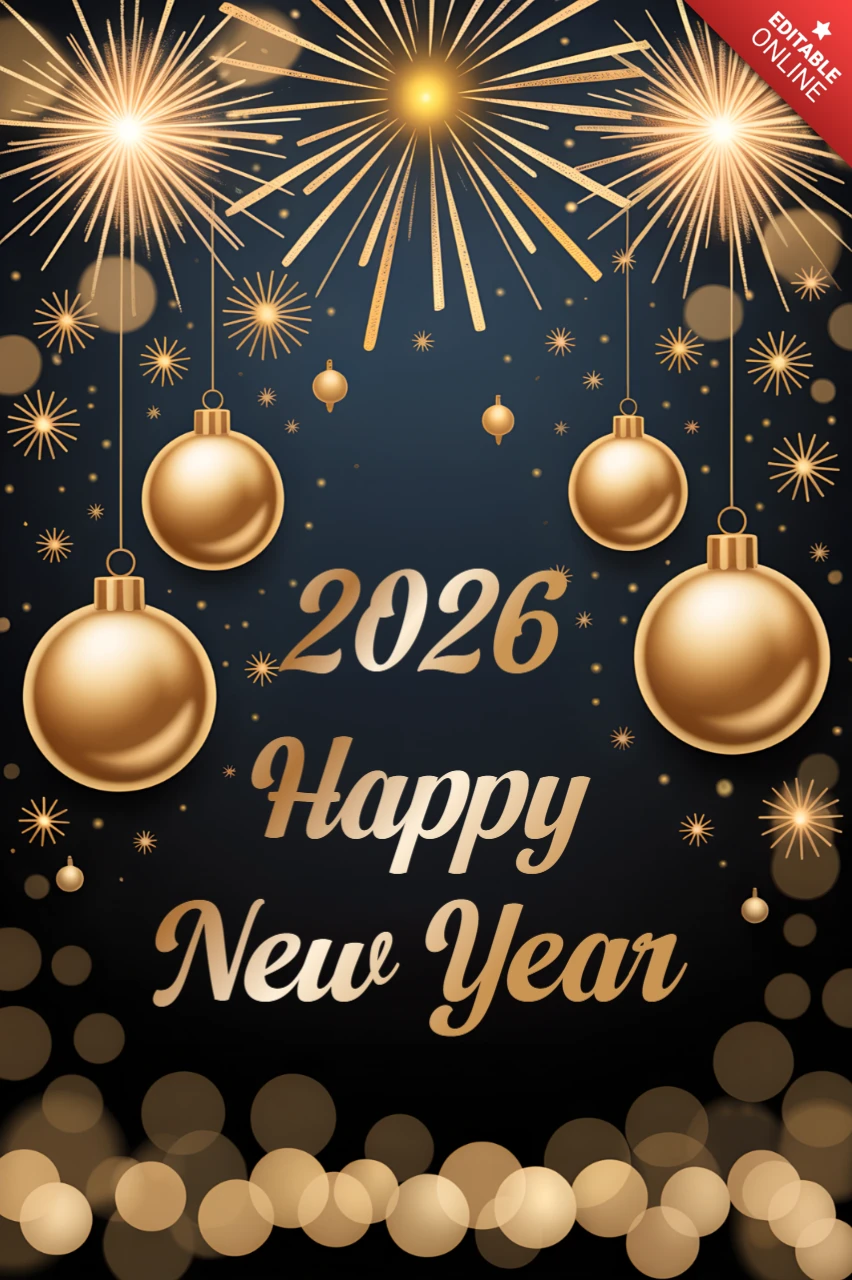 New Year Celebration Design Template with Gold Ornaments and Starbursts for Greeting Cards