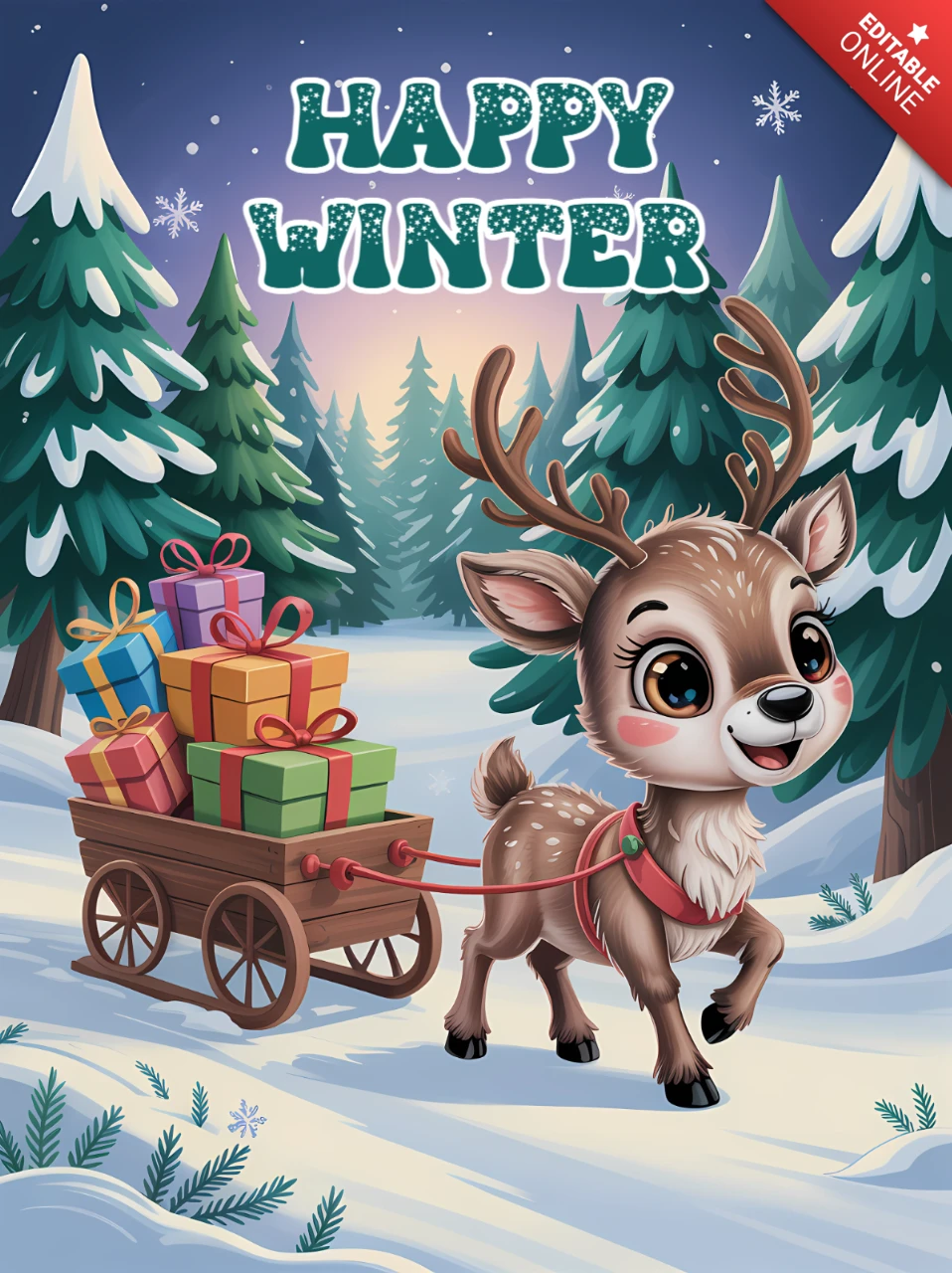Winter Wonderland Design Template with Cute Reindeer for Holiday Greeting Cards