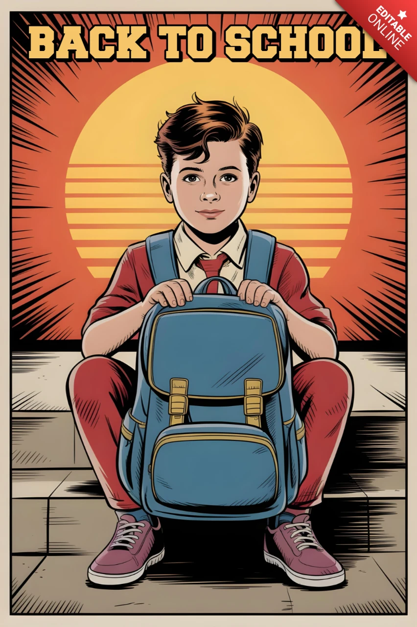 Regreso a clases, estudiante sentado en los escalones con mochila y fondo de cartel de atardecer retro.