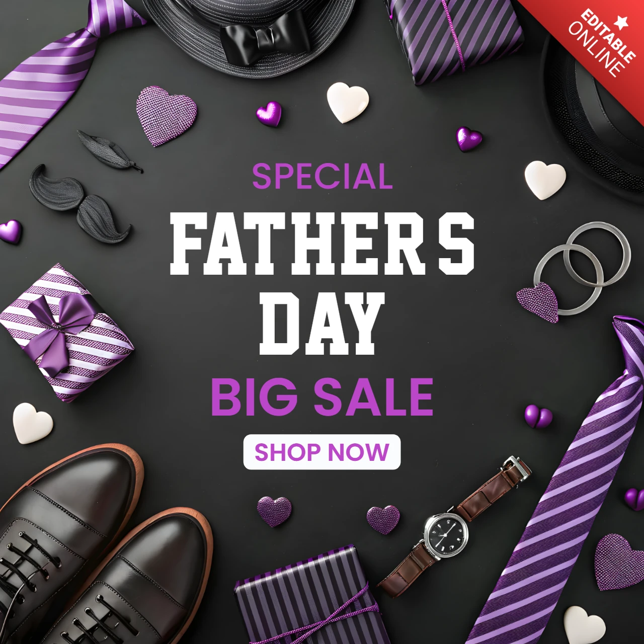 Plantilla de gran venta para el Día del Padre - diseño estilo arcilla con regalos, accesorios y acentos morados