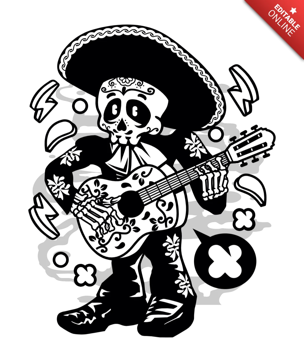 Mariachi Calavera Cartoon Character T-shirt Design Template