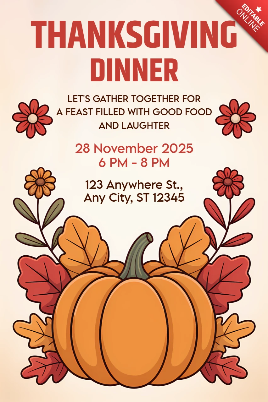 Thanksgiving Dinner Invitation Template with Pumpkin and Floral Design