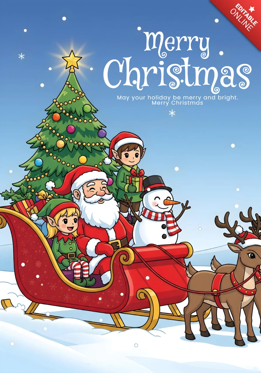 Merry Christmas Poster Santa Sleigh Ride with Reindeer, Snowman, and Decorated Tree in Festive Snow Scene Design Template