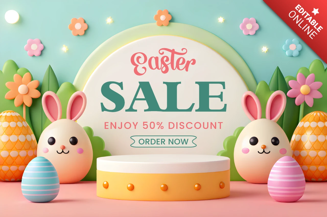 Modèle de vente de Pâques coloré avec éléments 3D et personnages mignons