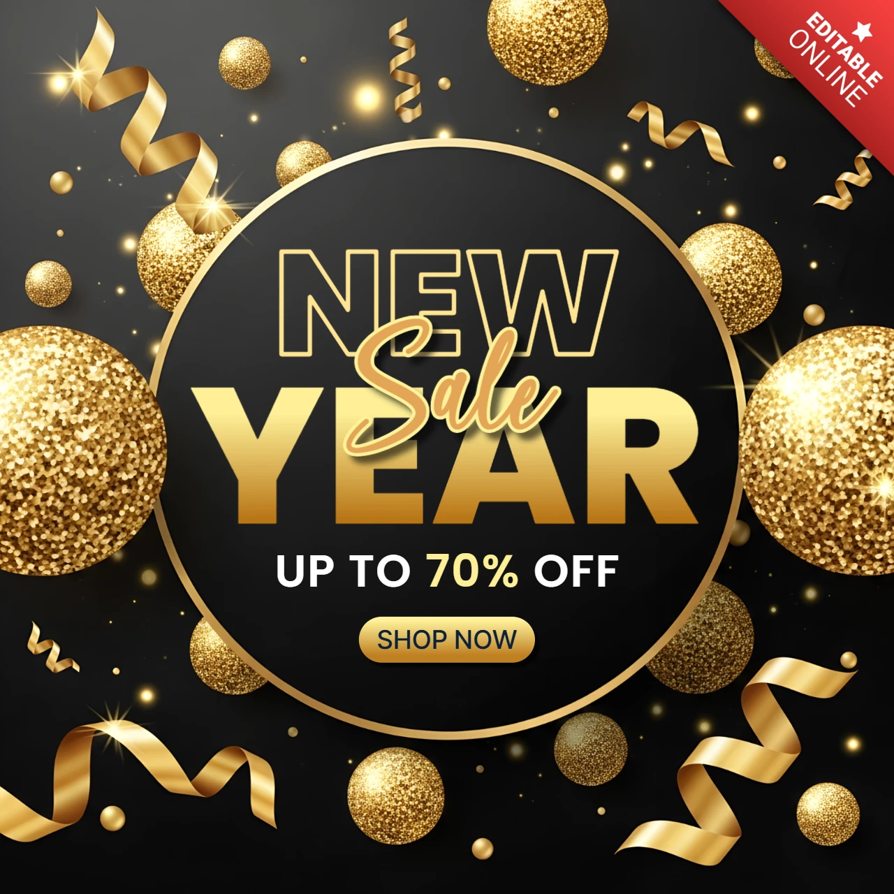 Elegant New Year Sale Design Template with Glittering Ornaments for Promotional Flyers