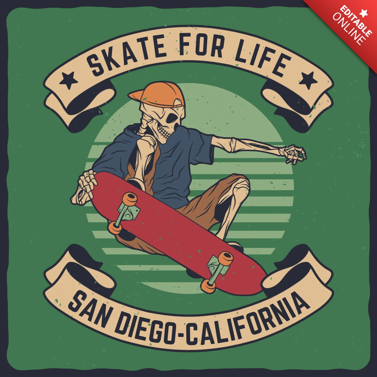 Scheletro skateboarding california t-shirt design template