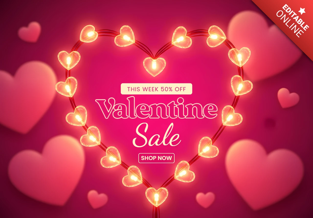 Valentine Sale Design Template with Heart Lights for Promotional Flyer