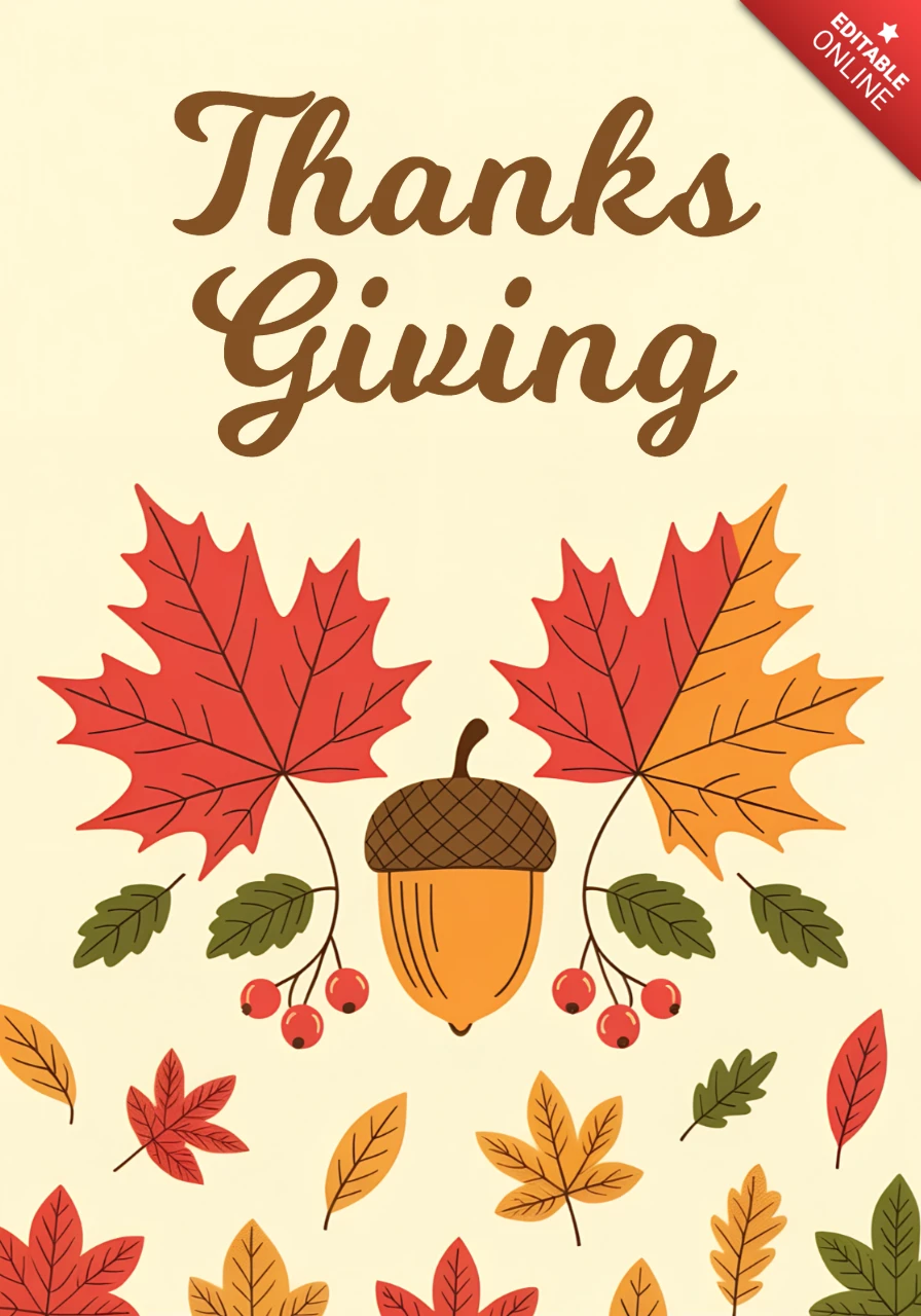 Thanksgiving Themed Design Template with Autumn Leaves and Acorn for Greeting Cards