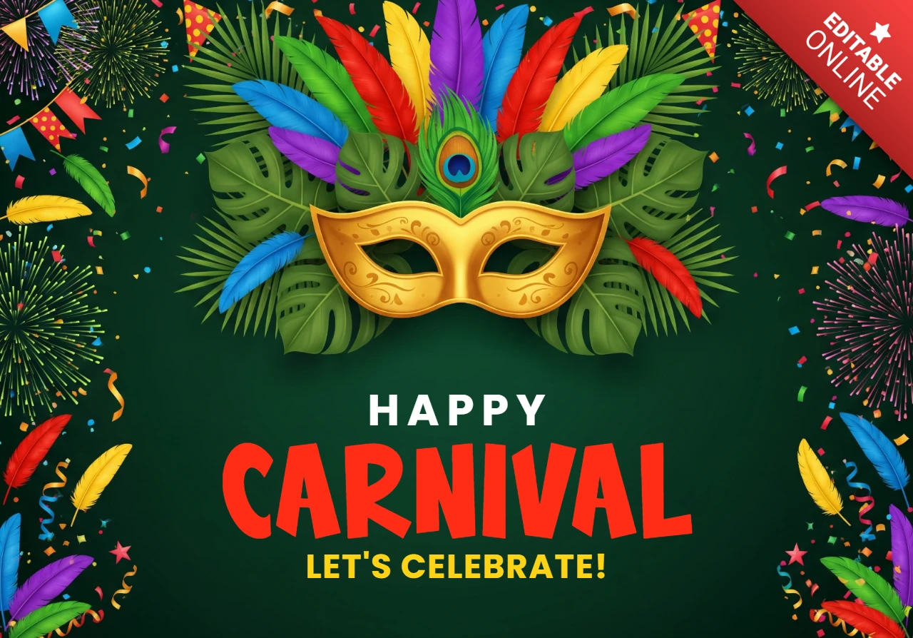 Carnival Poster Golden Masquerade Mask with Colorful Feathers and Fireworks on Green Background