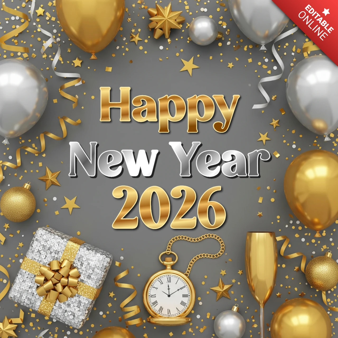 Fondo gris con globos de oro y plata, reloj de bolsillo y copa de champán, tarjeta de feliz año nuevo 2026.