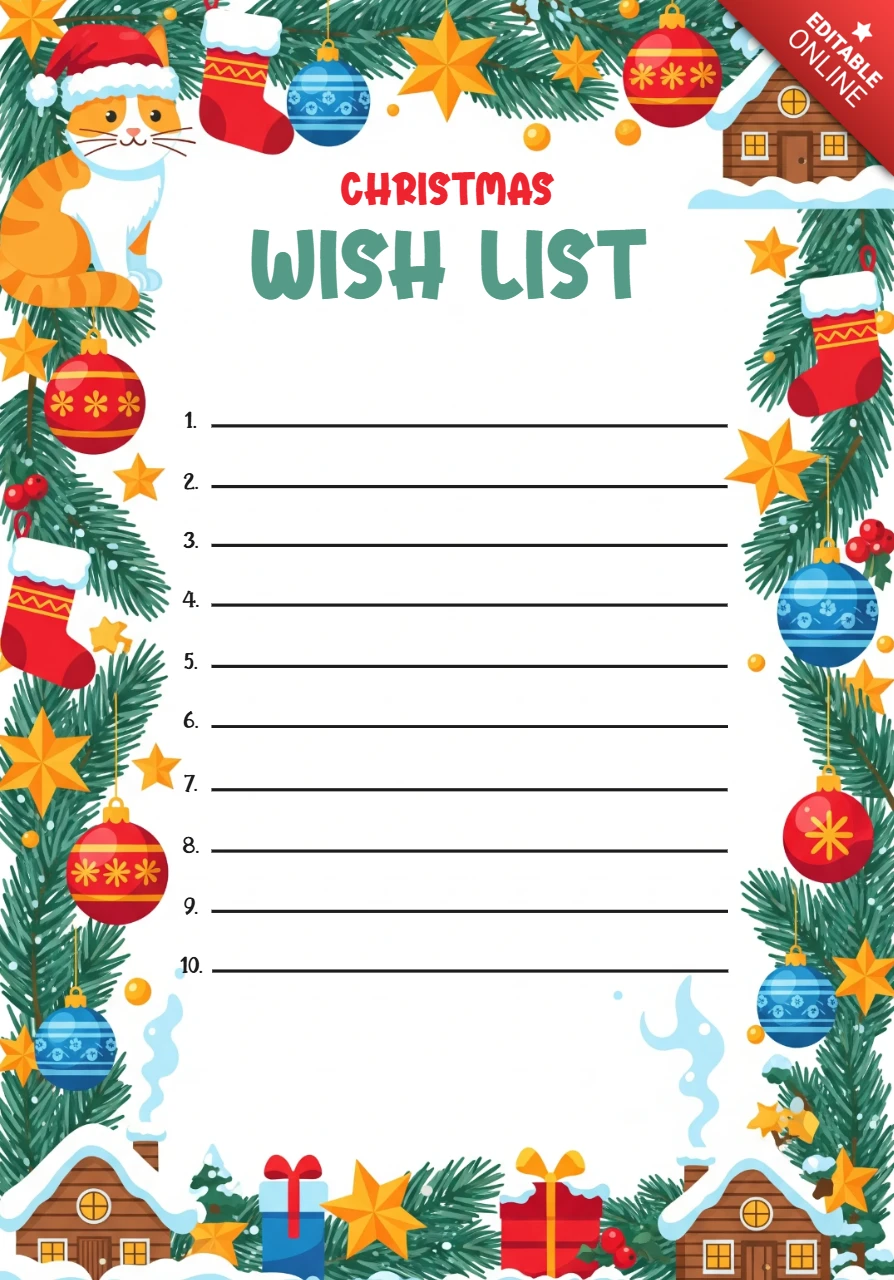 Weihnachtswunschzettel-Vorlage mit festlichem Design, Santa-Katze, Lebkuchenhäusern, Strümpfen und Geschenk-Icons
