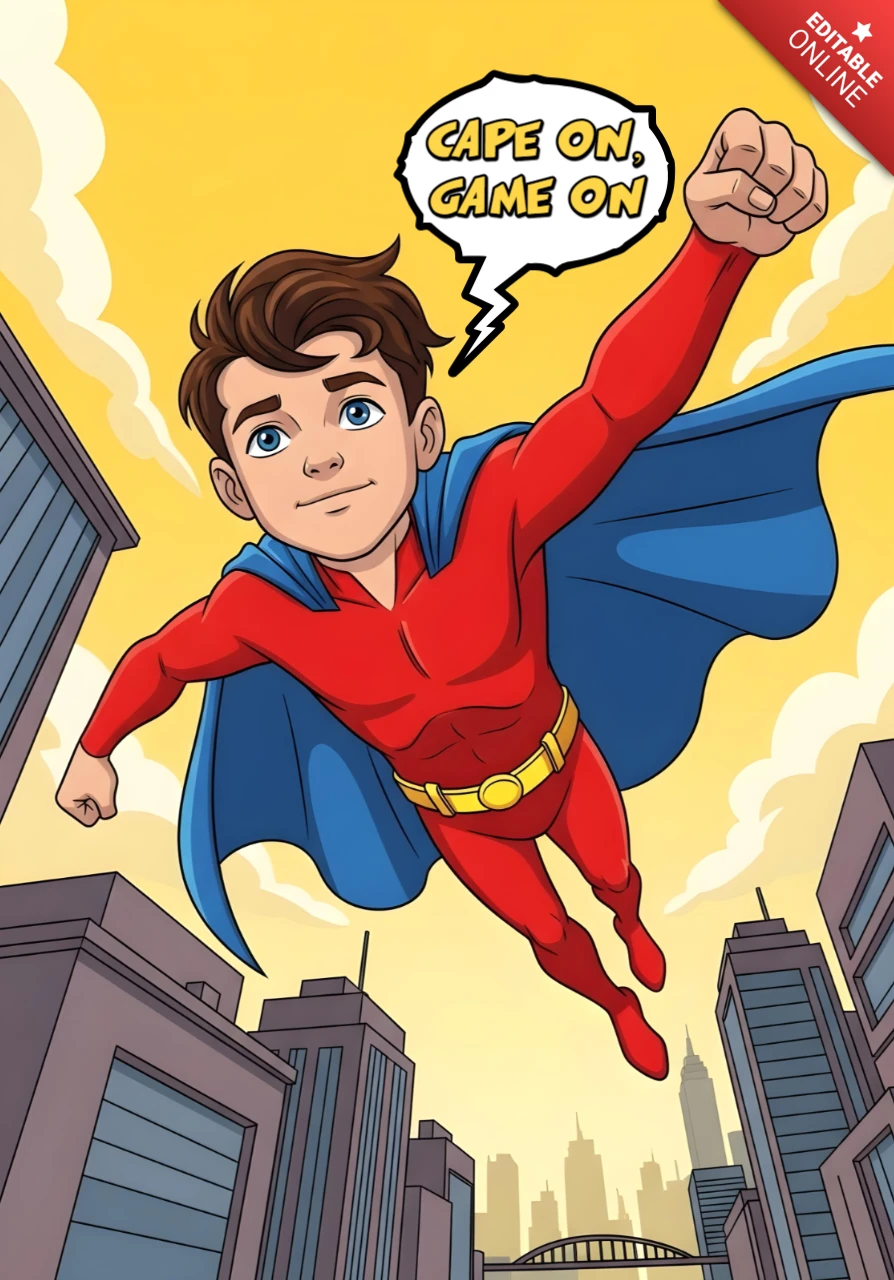 Capa em jogo de super-herói voador em traje vermelho sobre paisagem urbana e céu amarelo, modelo de design de pôster.