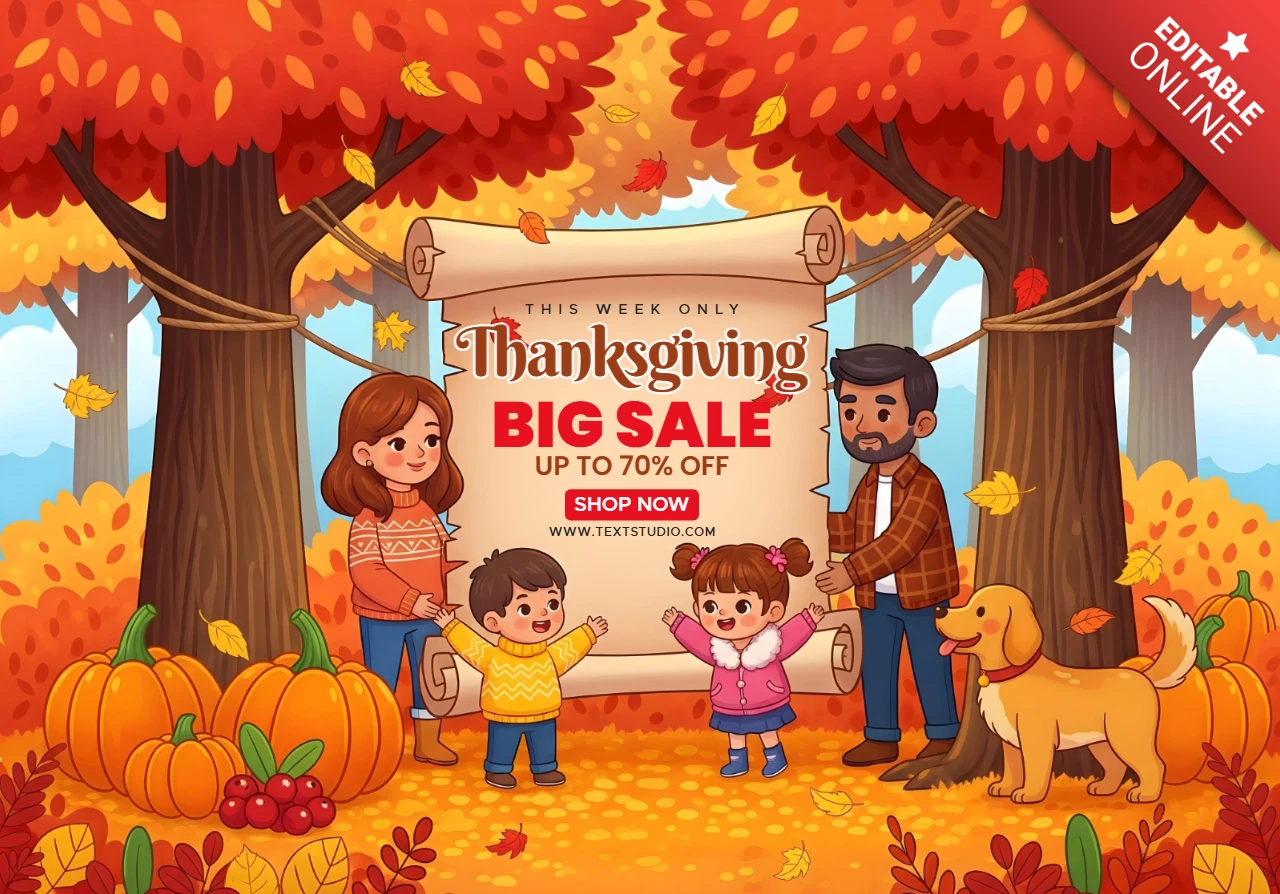 Plantilla de diseño de banner promocional de venta de Acción de Gracias con familia de dibujos animados, perro, calabazas y hojas de otoño.