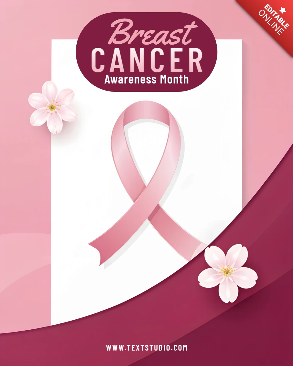 Modello di design per il mese della consapevolezza sul cancro al seno con nastro rosa ed elementi floreali per poster
