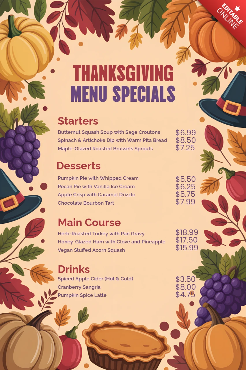 Thanksgiving Menu Specials Design Template with Autumn Leaves and Pumpkins for Restaurant Promotions