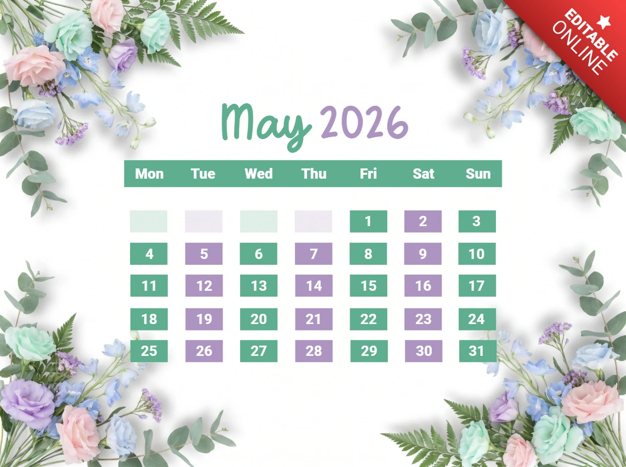 Mai 2026 Naturkalender-Poster - dekorative pastellfarbene Blumen und grüne Blätter mit monatlichem Raster