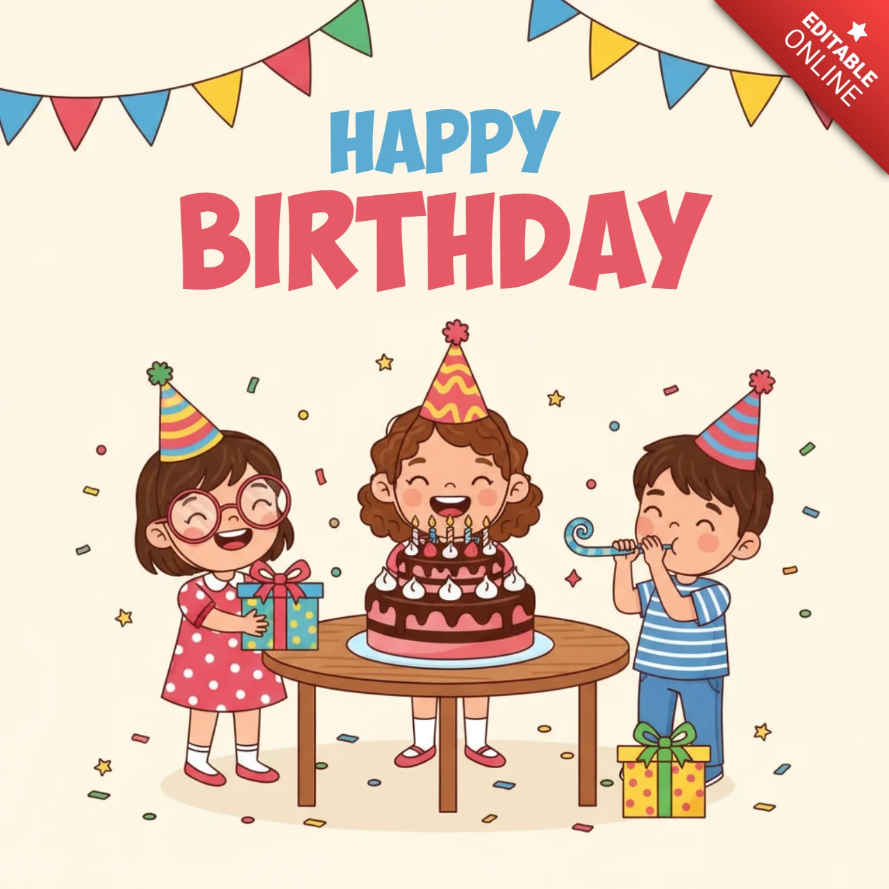 Feliz aniversário cartaz crianças celebração com balões, bolo, presentes e tema de festa alegre