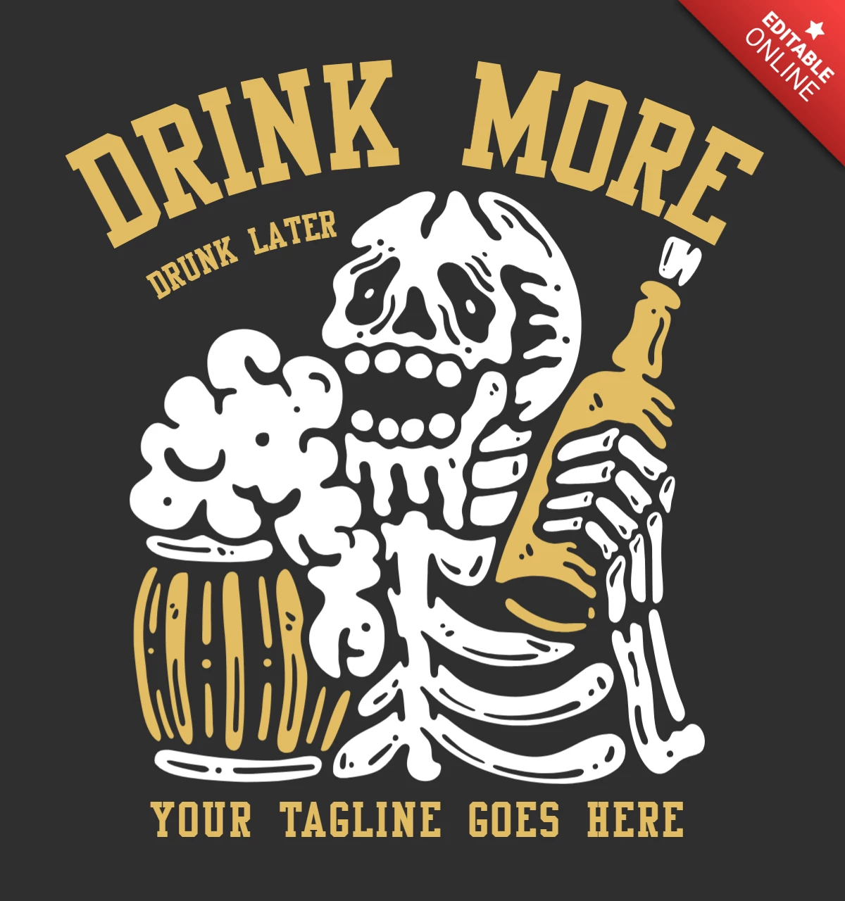 Vintage Smiling Skeleton Drink Beer T-shirt Design Template