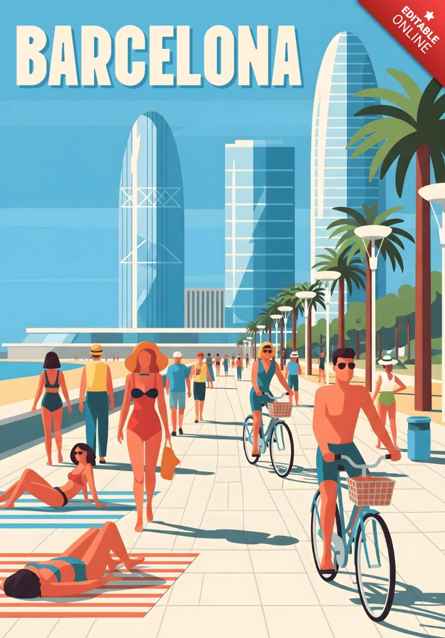 Affiche de voyage à Barcelone, scène côtière ensoleillée avec des cyclistes et des baigneurs, modèle de design.