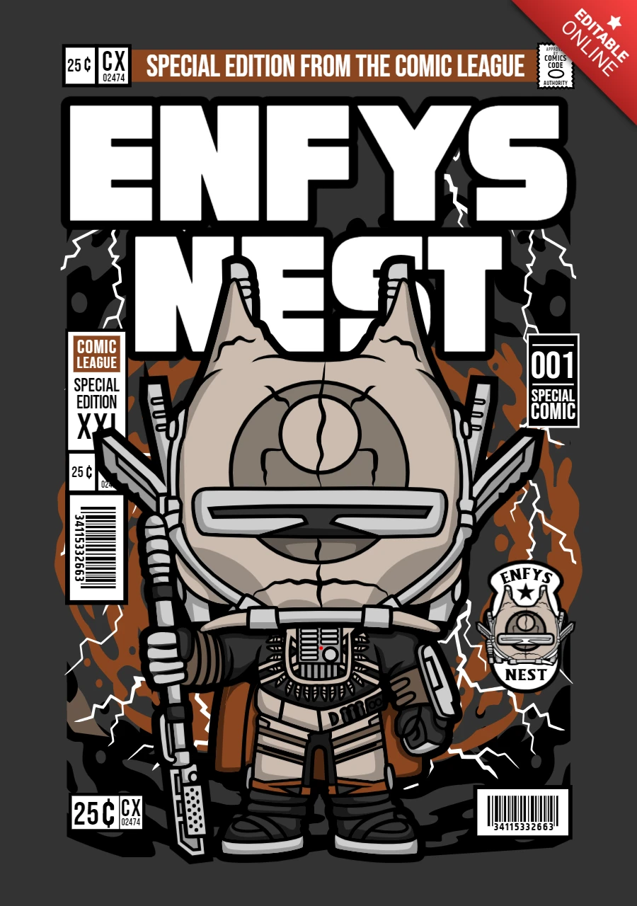Plantilla de diseño de portada de revista con personaje de dibujos animados de Enfys Nest