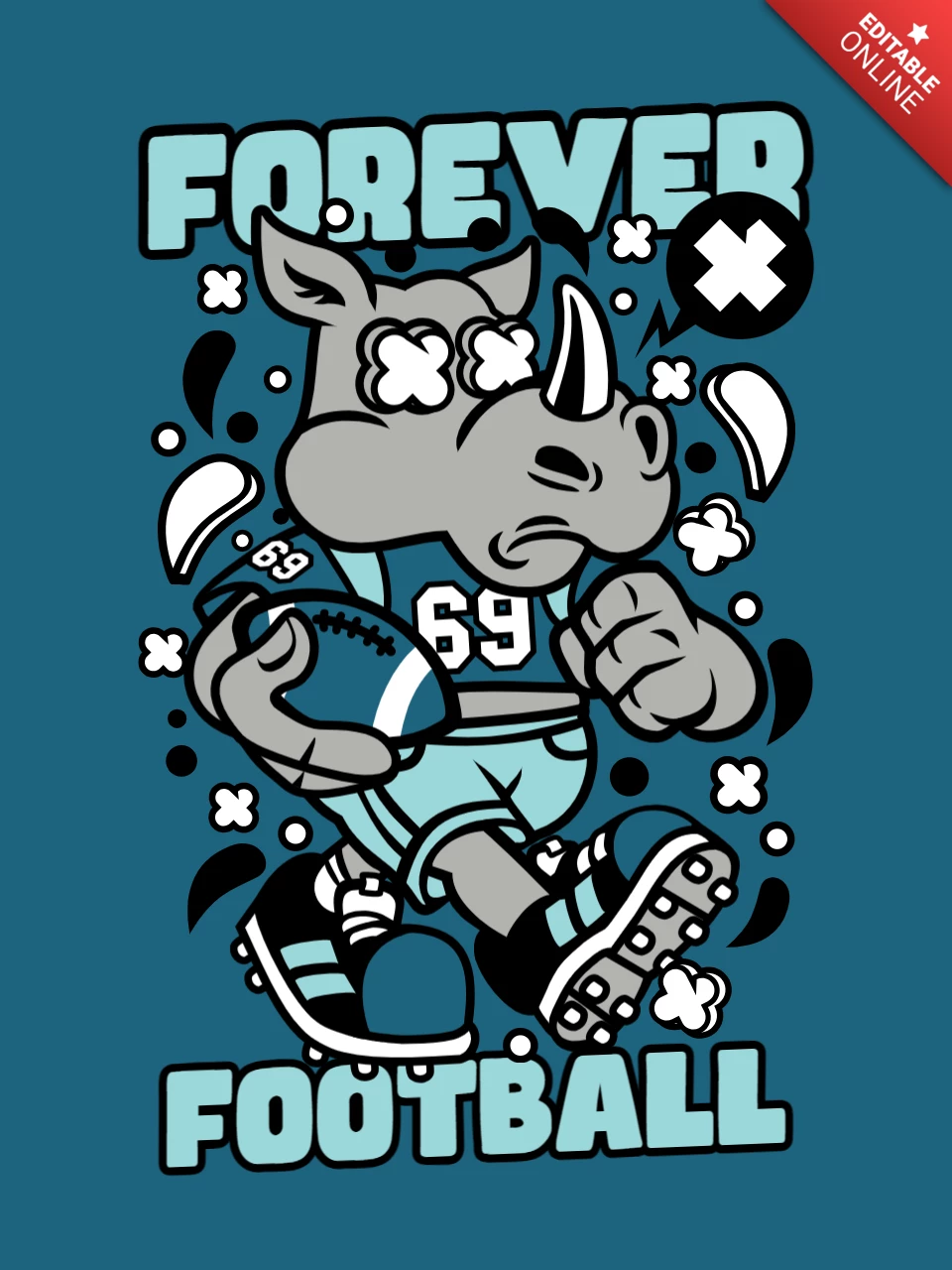 Modello di design per t-shirt con rinoceronte da calcio per sempre