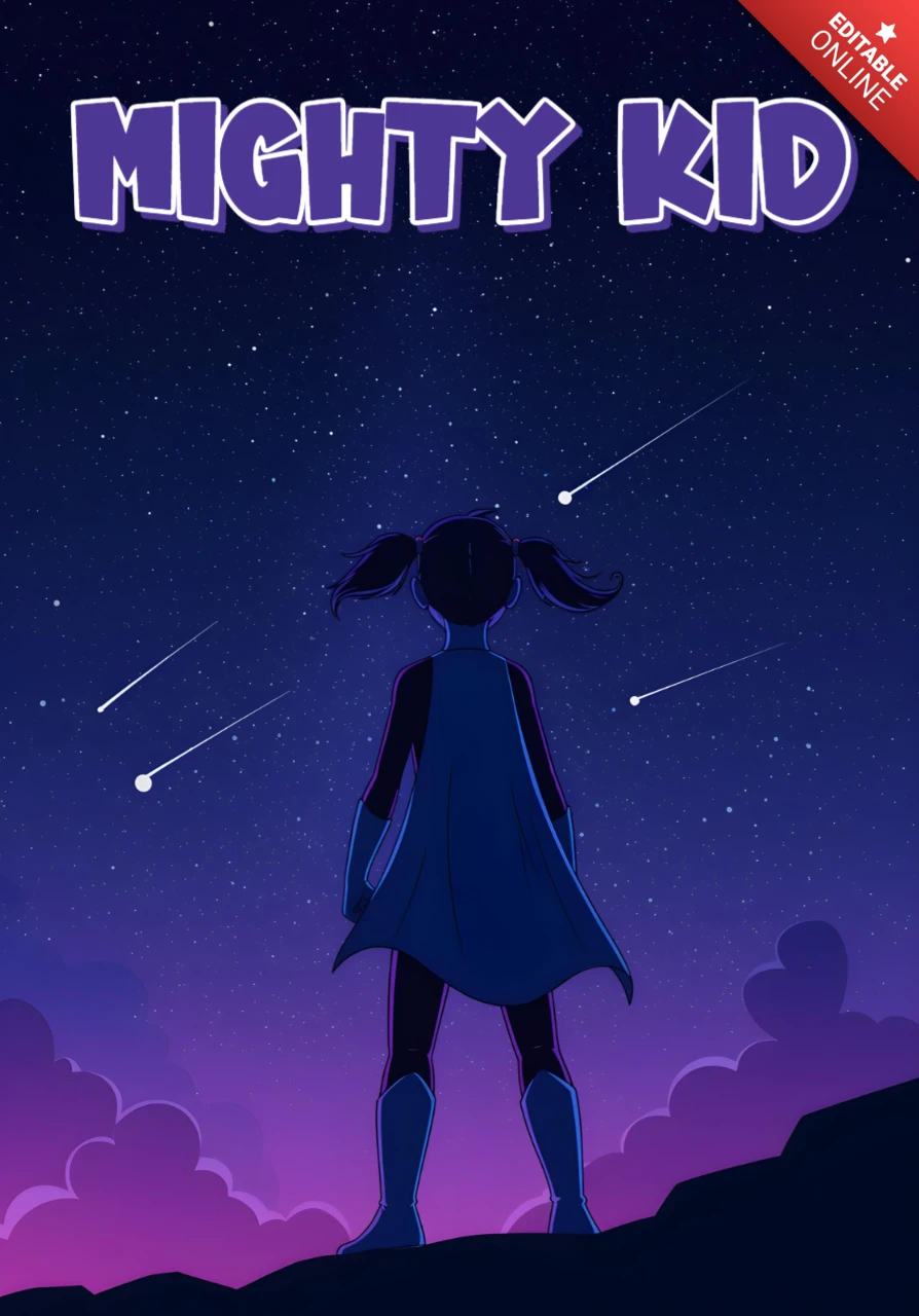 Mighty Kid Caped Child Silhouette Under Starry Sky Poster Design Template