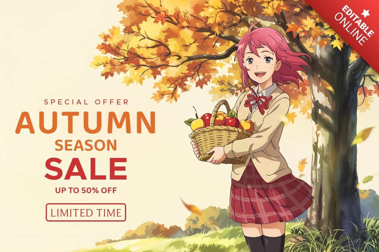 Herbstverkaufs-Designvorlage mit Anime-Charakter und Herbstblättern für Werbeflyer