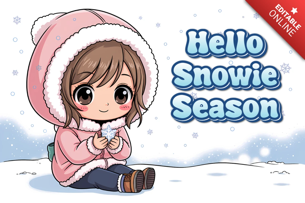 Plantilla de diseño invernal de personaje chibi para tarjetas de felicitación