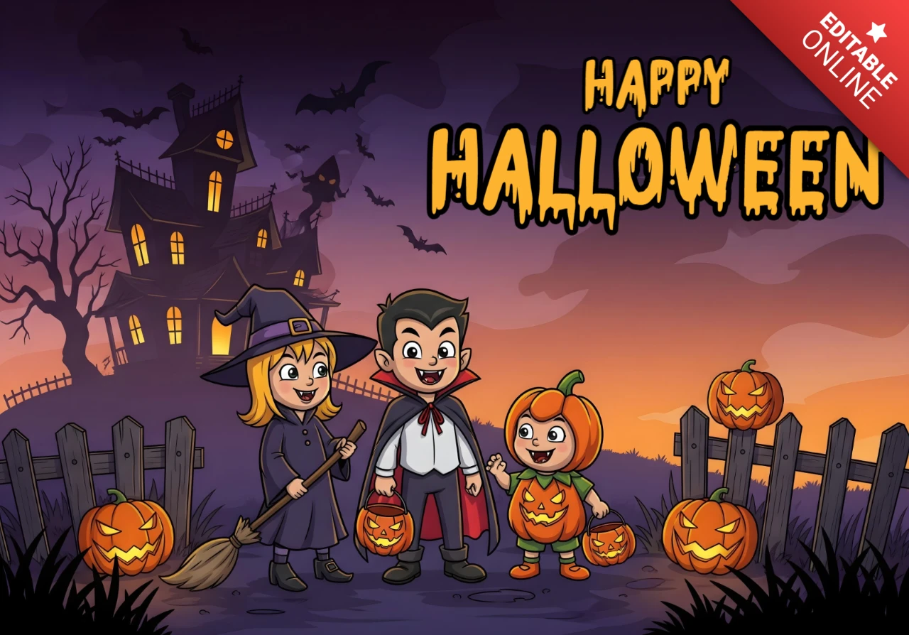 Spooky Halloween Greeting Card Cute Kids in Witch, Vampire & Pumpkin Costumes with Haunted House & Jack-o'-Lanterns