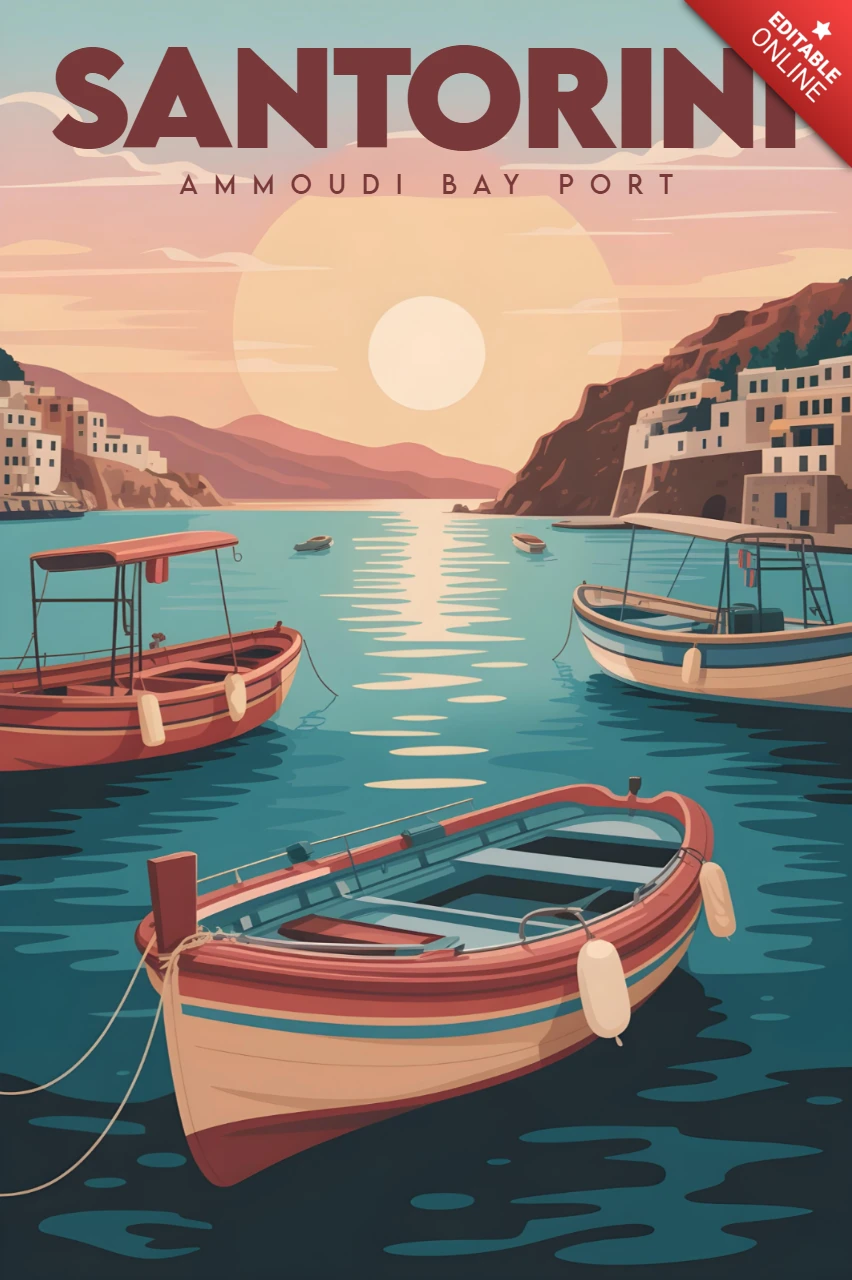 Porto da baía Ammoudi em Santorini com barcos tradicionais e edifícios na encosta - modelo de design de cartazes de viagem.