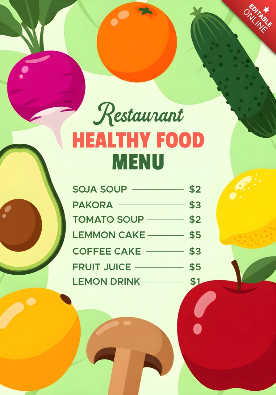 Modelo de menu de comida saudável colorido para restaurantes