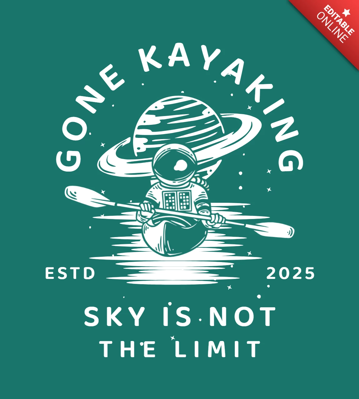 Modelo de design de camiseta vintage de astronauta andando de caiaque