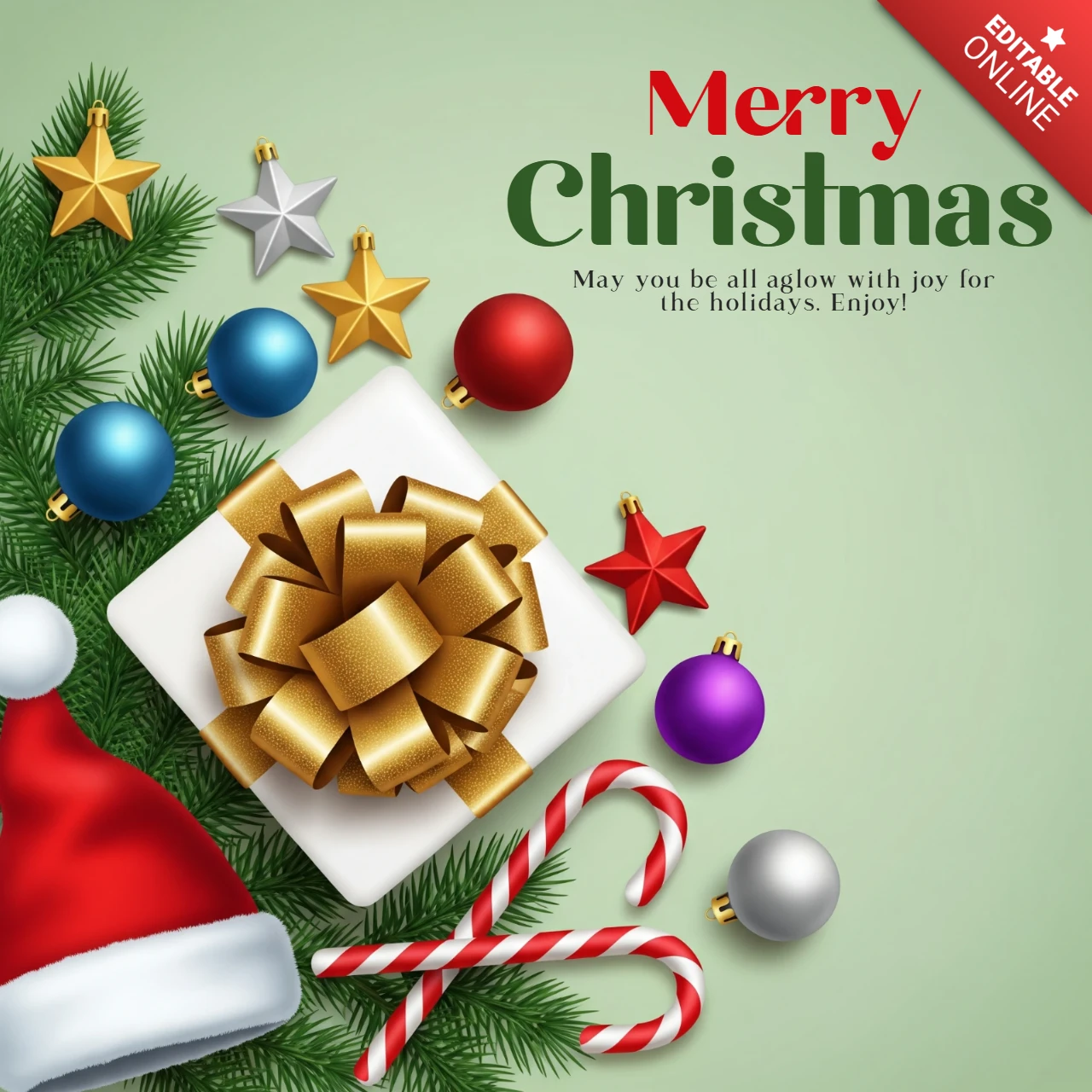 Cartão de Natal com chapéu de Papai Noel e caixa de presente com enfeites coloridos emoldurando o design da mensagem alegre de feriado.