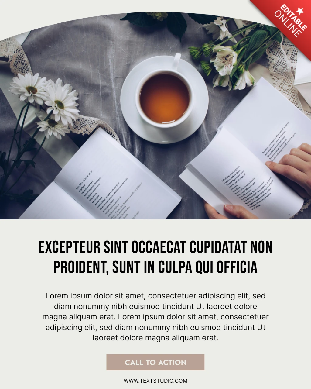 お茶と本のフラットレイ・インスタグラム投稿デザインテンプレート