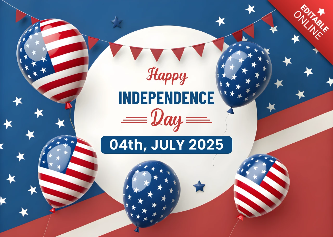 Template de design para celebração do dia da independência com balões e faixas patrióticas.
