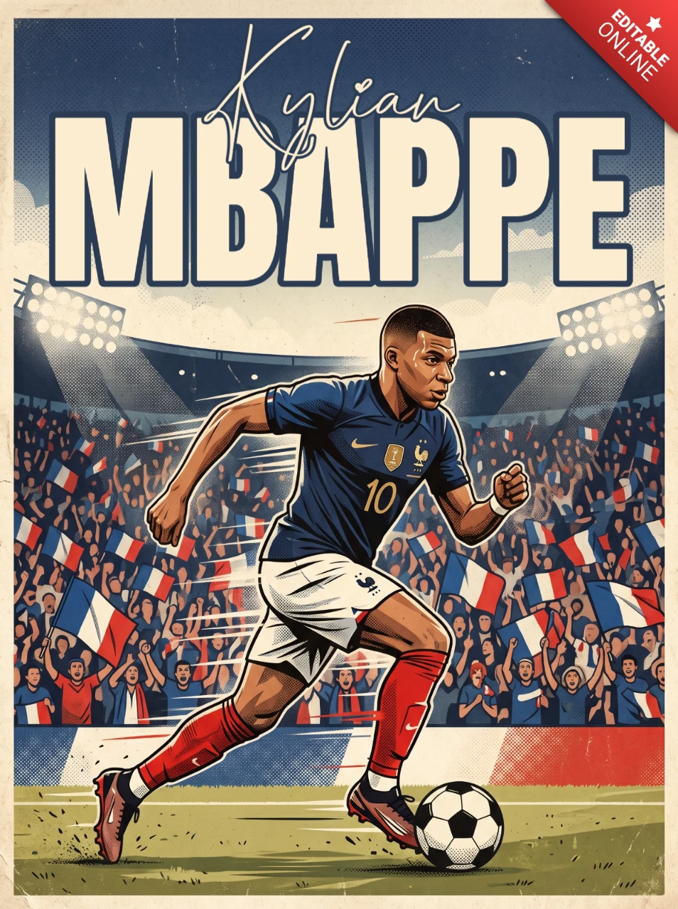 Retro Style Kylian Mbappé Football Poster – Nostalgic French Soccer Illustration with Fans Waving Flags and Vintage Stadium Atmosphere Wall Decor