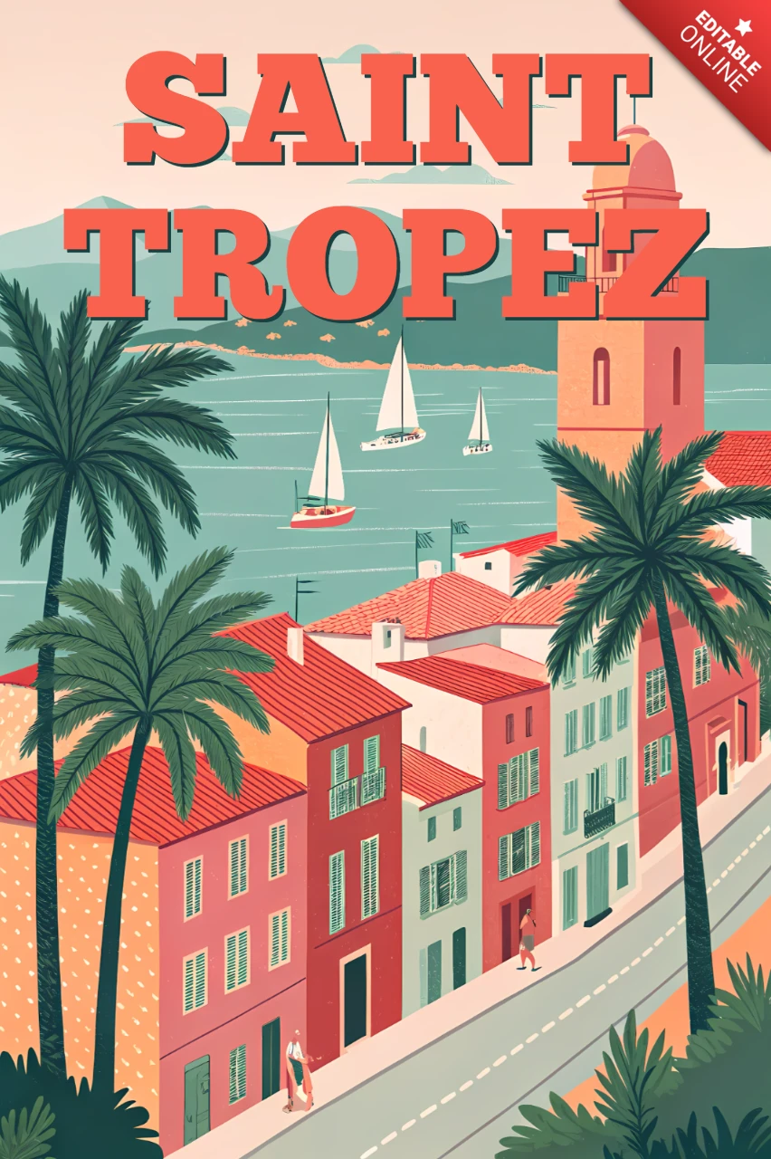 Retro-Reiseplakat-Designvorlage mit Saint-Tropez, Palmen und Segelbooten für Wandkunst