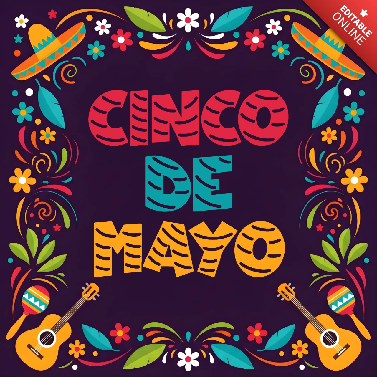 Cinco de mayo afişi, sombrerolar, çiçekler, gitarlar ile neşeli dekoratif illüstrasyonlu ürün tasarımı için.