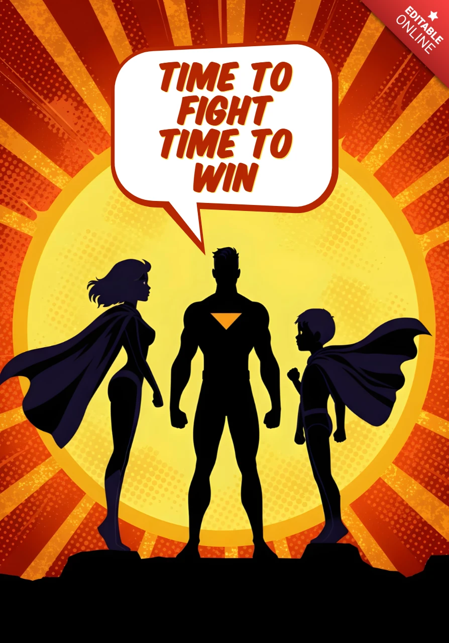 Zeit, um ein Trio von Superhelden mit Sonnenstrahlen-Hintergrund und Motivationszitat-Poster-Design-Vorlage zu gewinnen.
