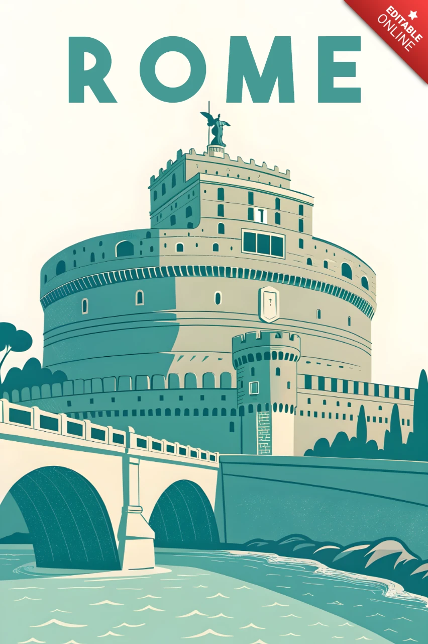 Template de design retrô apresentando o castelo de Roma para cartazes de viagem