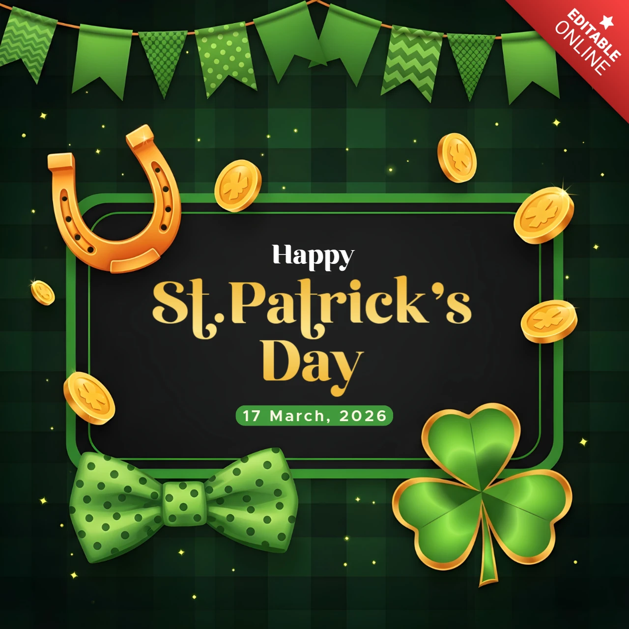 St. Patrick's Day Feier Vorlage mit Kleeblatt- und Hufeisen-Design für festlichen Flyer