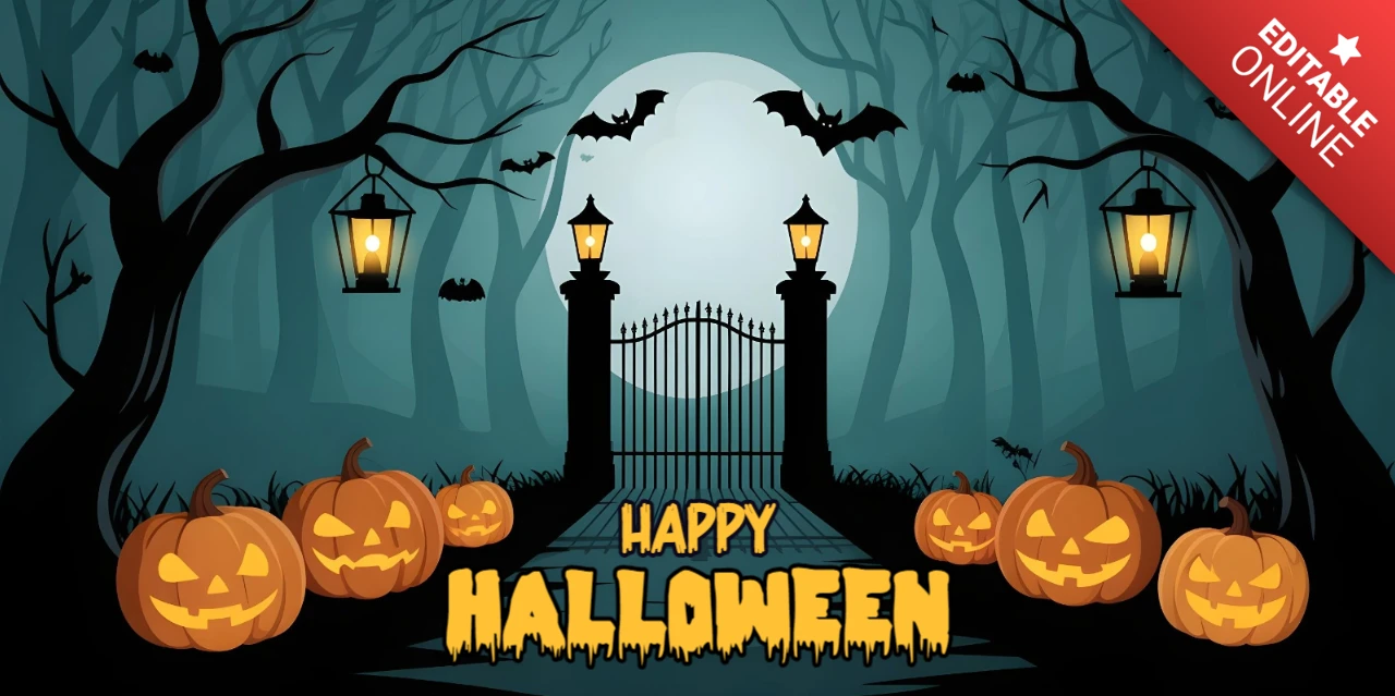 Nebeliger Wald Halloween leuchtende Kürbisse & verfluchtes Tor Facebook Cover Design Vorlage