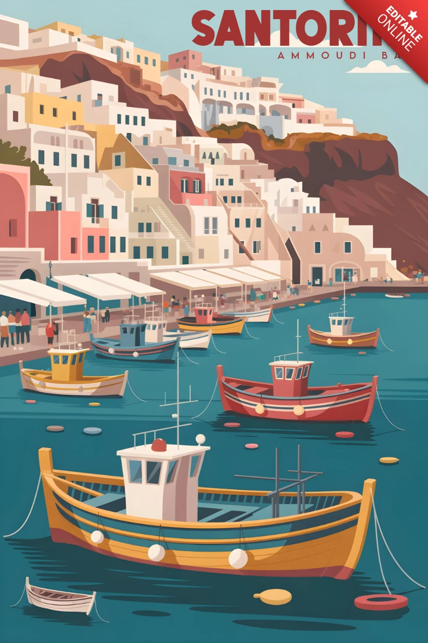 Baía de Ammoudi com barcos coloridos e vila na encosta, modelo de design de cartazes de viagem de Santorini.