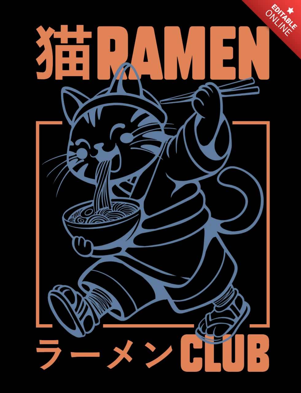 T-shirt design template de chat kawaii appréciant les ramen, nourriture japonaise