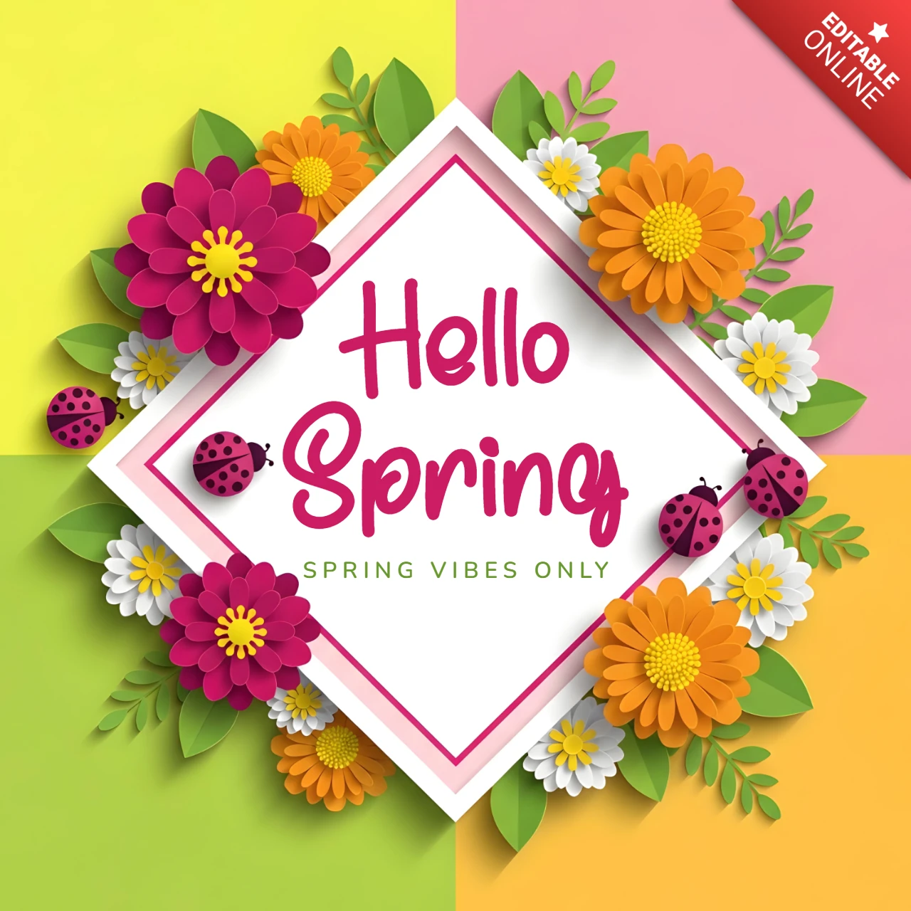 Frühlingsblumendesignvorlage für Grußkarten mit bunten Blumen und Marienkäfern