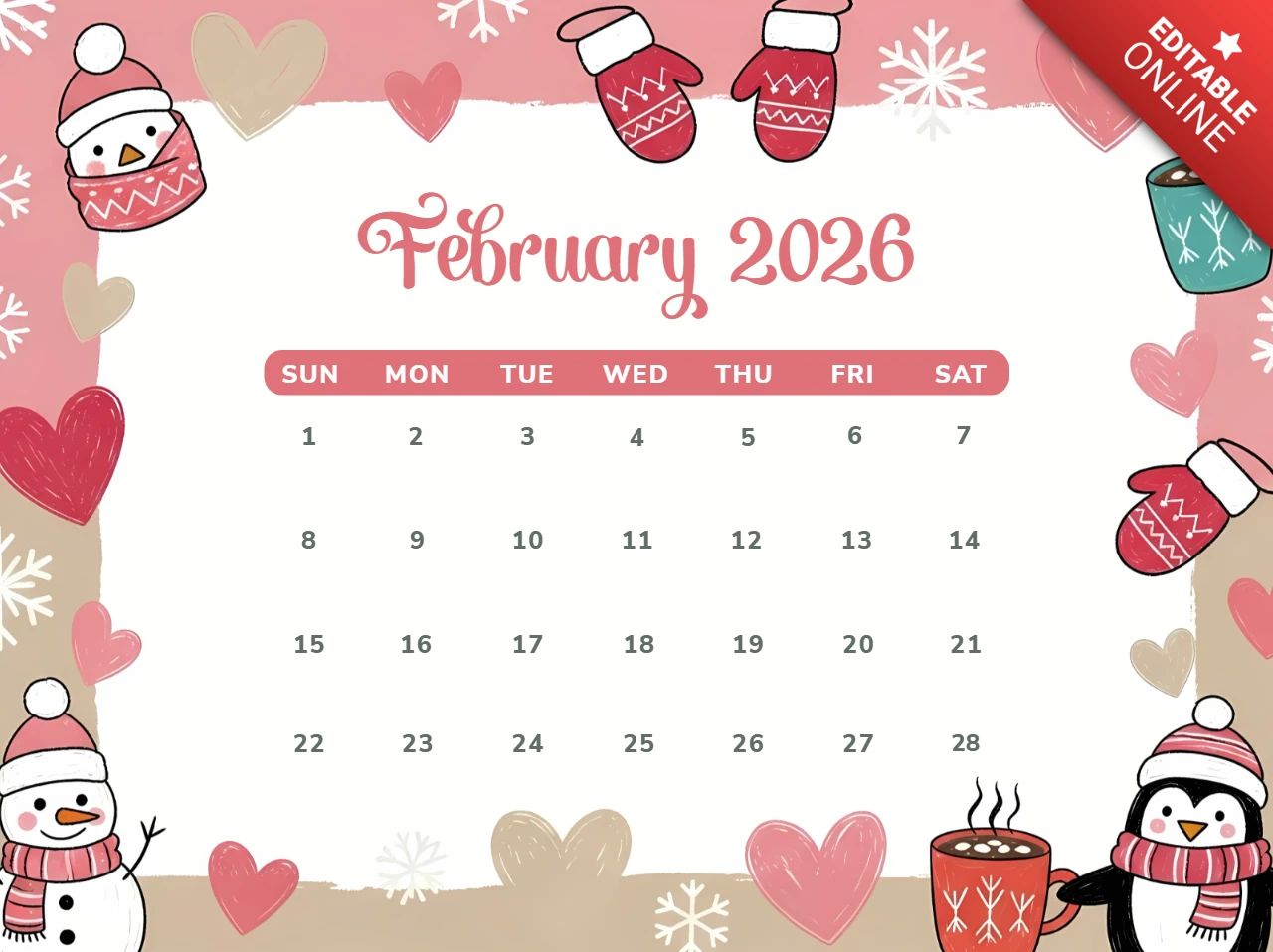 Modelo de calendário do Dia dos Namorados com design fofo de inverno, com bonecos de neve e corações.