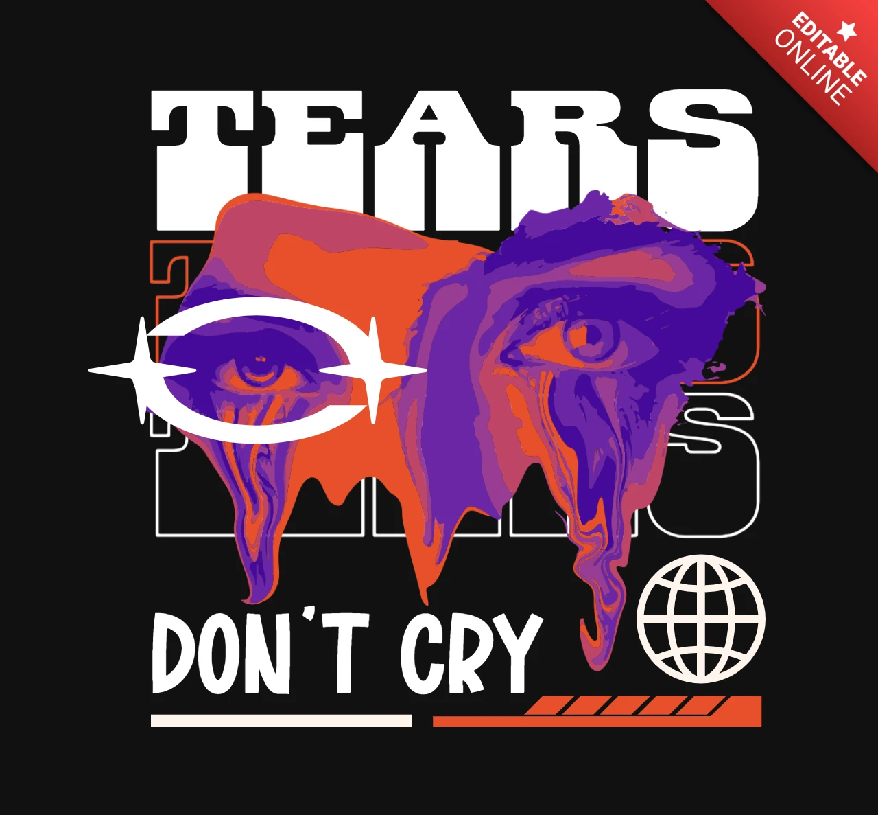 Tränen schmelzende Augen-Grafik mit 'nicht weinen' Typografie & Sternsymbol T-Shirt-Designvorlage