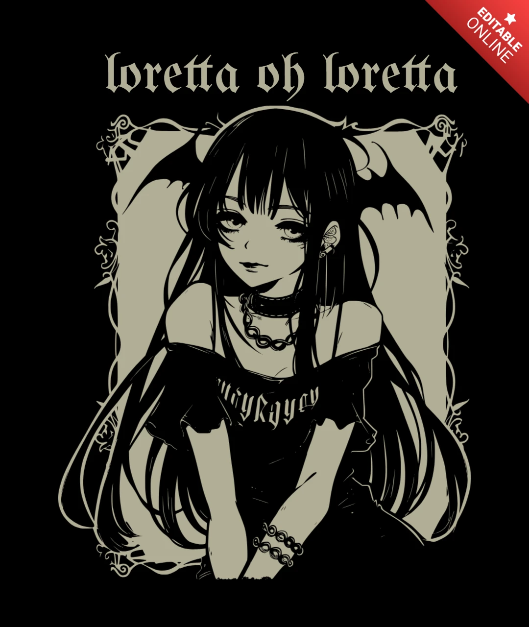 Loretta Bat-Winged Anime Gothic Girl with Ornate Dark T-Shirt Design Template